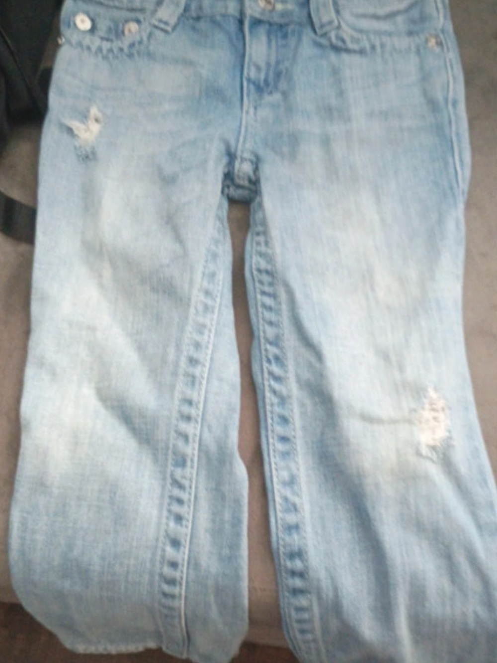 True Religion Light Blue Flare Jeans with Distressed Detail